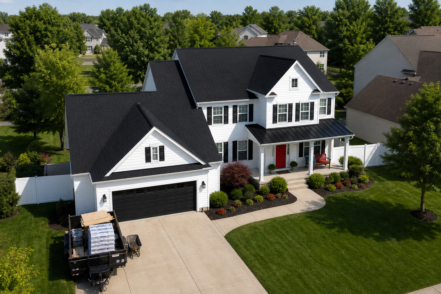 Drone view of a professional roof project with windows and gutters visible